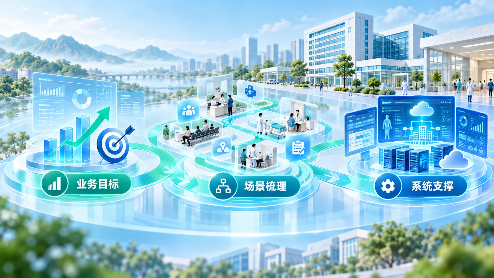 医院数字化项目从业务目标、场景梳理到系统支撑的步骤示意图(AI生成)