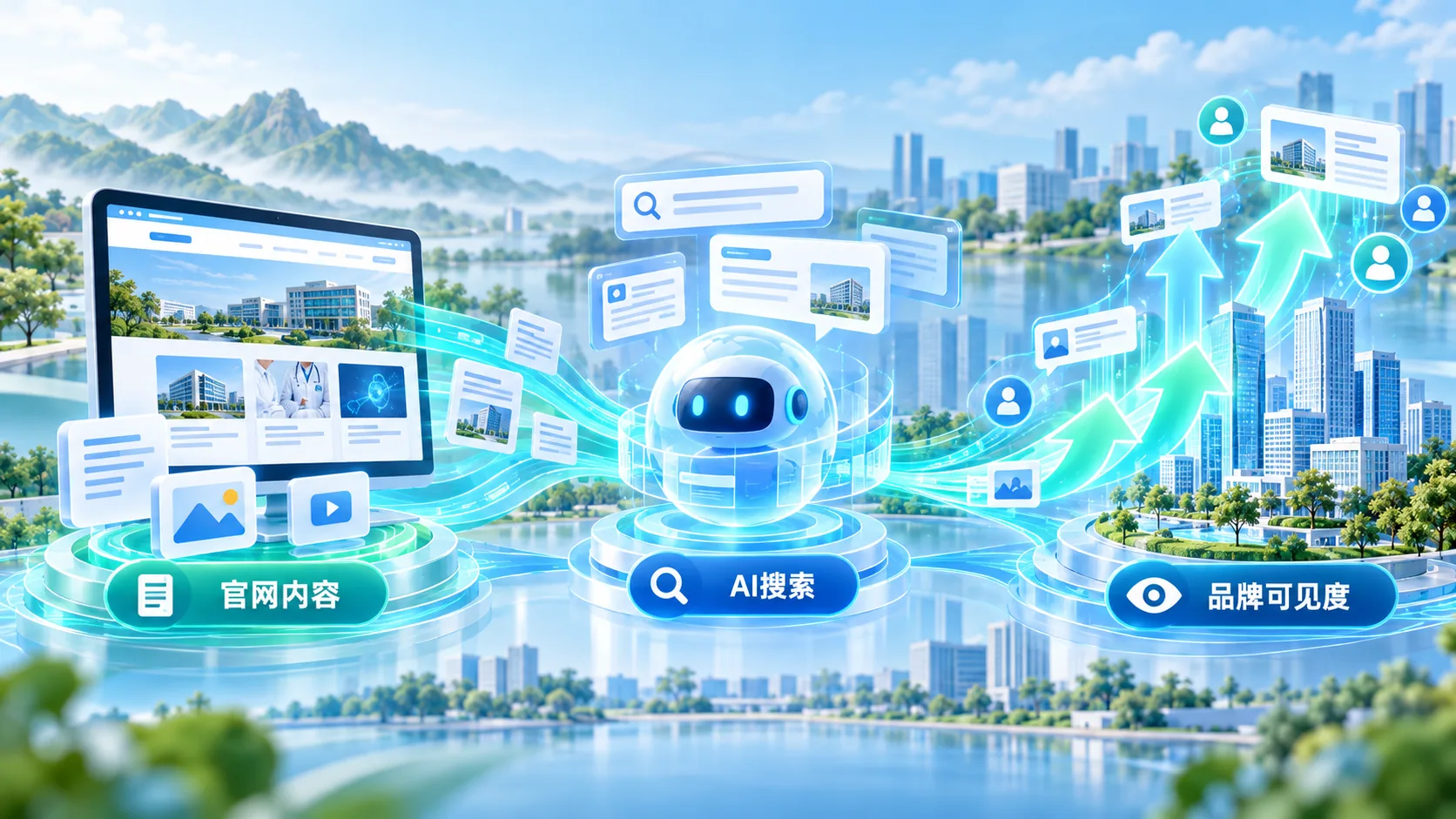 公司官网内容进入AI搜索并形成品牌可见度的概念流程图（AI生成）