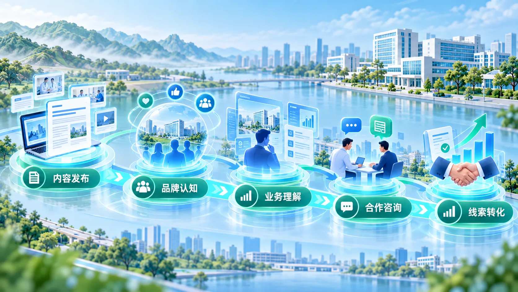 从企业内容发布、品牌认知、业务理解、合作咨询到线索转化的概念图（AI生成）