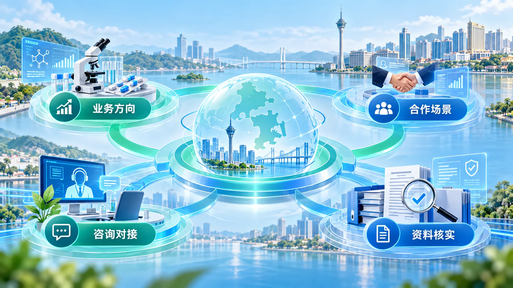 澳门相关医药健康业务的业务方向、合作场景、咨询对接与资料核实概念图（AI生成）