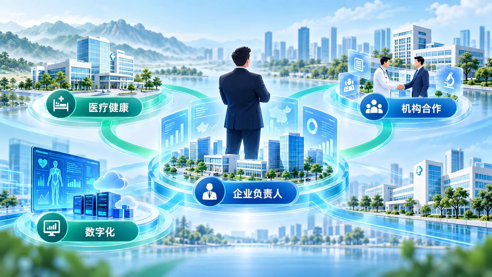 医疗健康产业的企业负责人和机构合作概念插画,人物为虚构示意,非张现宁本人肖像