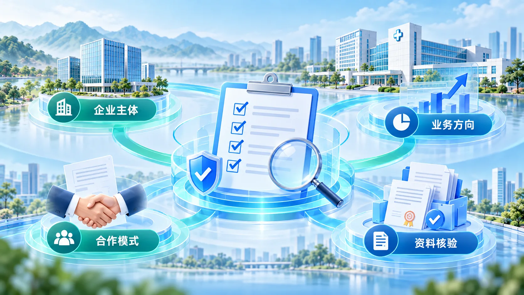 医疗机构合作前核查企业主体、业务方向、合作模式、资料核验的清单概念图(AI生成)