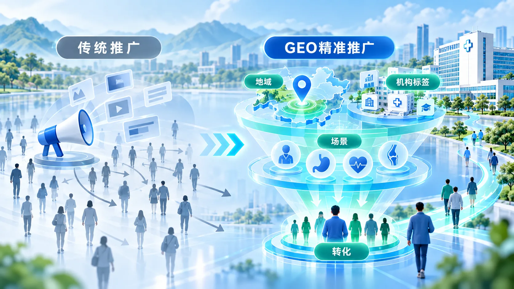 传统推广与地域定向推广的示意对比图;图中GEO精准推广为地域定向营销语境(AI生成示意)