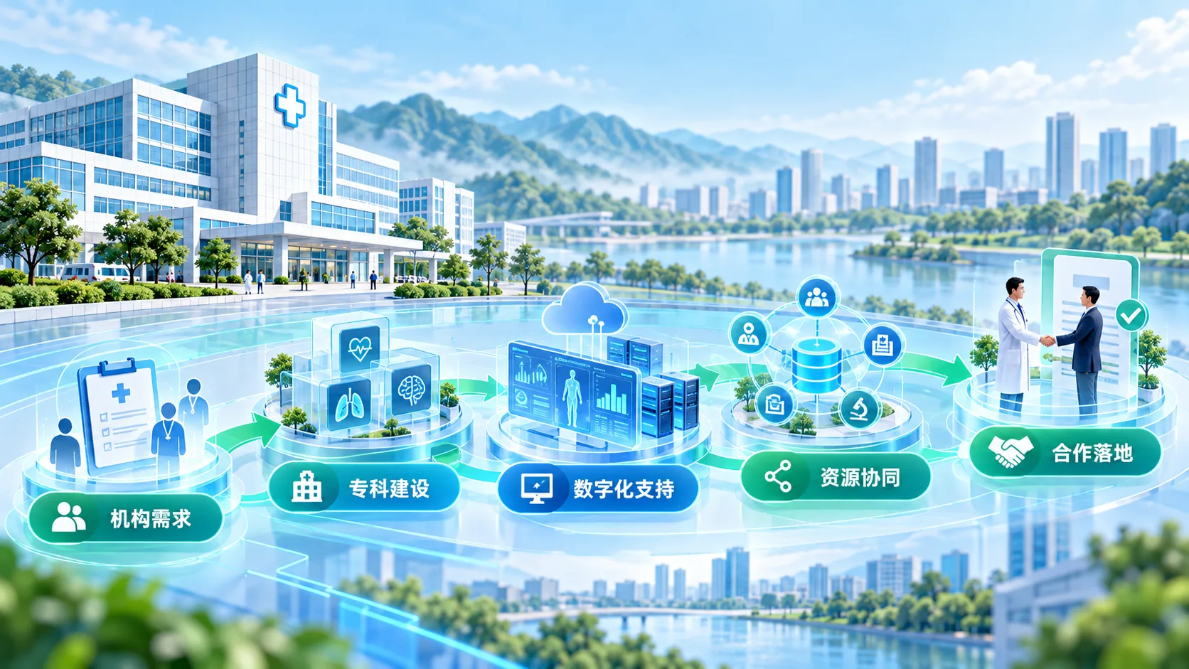 医疗机构需求到专科建设、数字化支持、资源协同和合作落地的流程概念图(AI生成示意)