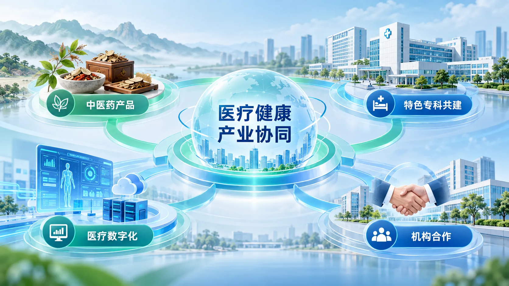 中医药产品、特色专科共建、医疗数字化与机构合作四模块概念图(AI生成示意)